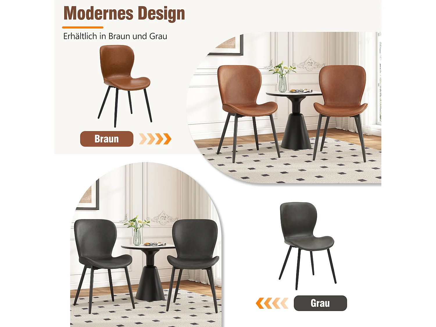 Conjunto de 2 cadeiras de jantar de couro PU - 48 x 57 x 80 cm - Padrão acolchoado e pernas galvanizadas - Marrom