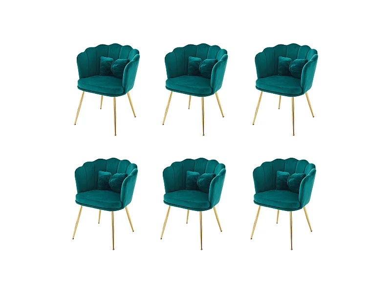 Conjunto de 6 sillas de terciopelo - 63 x 58 x 77 cm - Patas de metal niquelado y cojines mariposa - Verde