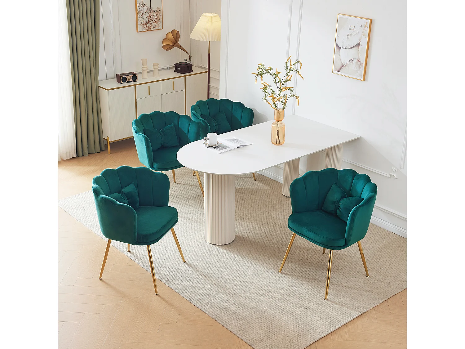 Lot de 6 chaises en velours - 63 x 58 x 77 cm - Pieds en métal plaqué et coussins papillon - Vert