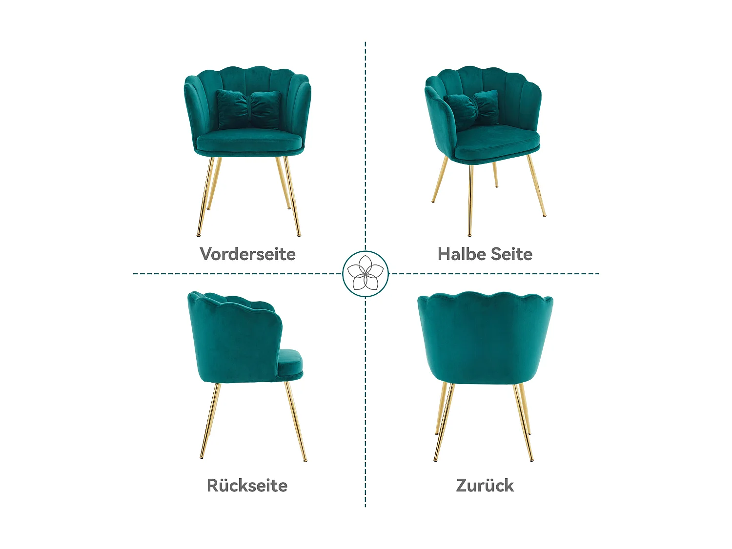 Enkele fluwelen stoel - 63 x 58 x 77 cm - Vergulde metalen poten en vlinderkussens - Groen