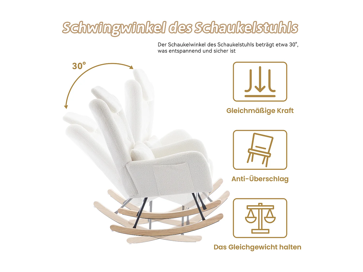 Chaise à bascule avec repose-pièds - 73 x 92 x 102 cm - Accoudoirs et appuie-tête - Tissu velours teddy - Blanc