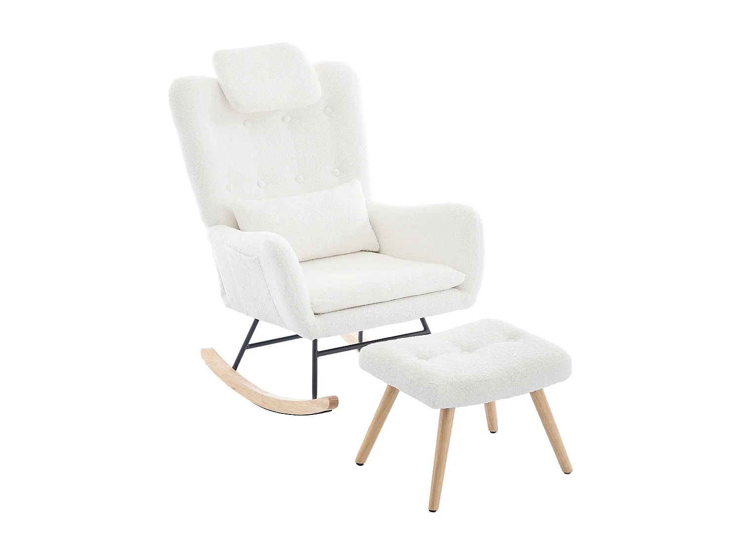 Chaise à bascule avec repose-pièds - 73 x 92 x 102 cm - Accoudoirs et appuie-tête - Tissu velours teddy - Blanc