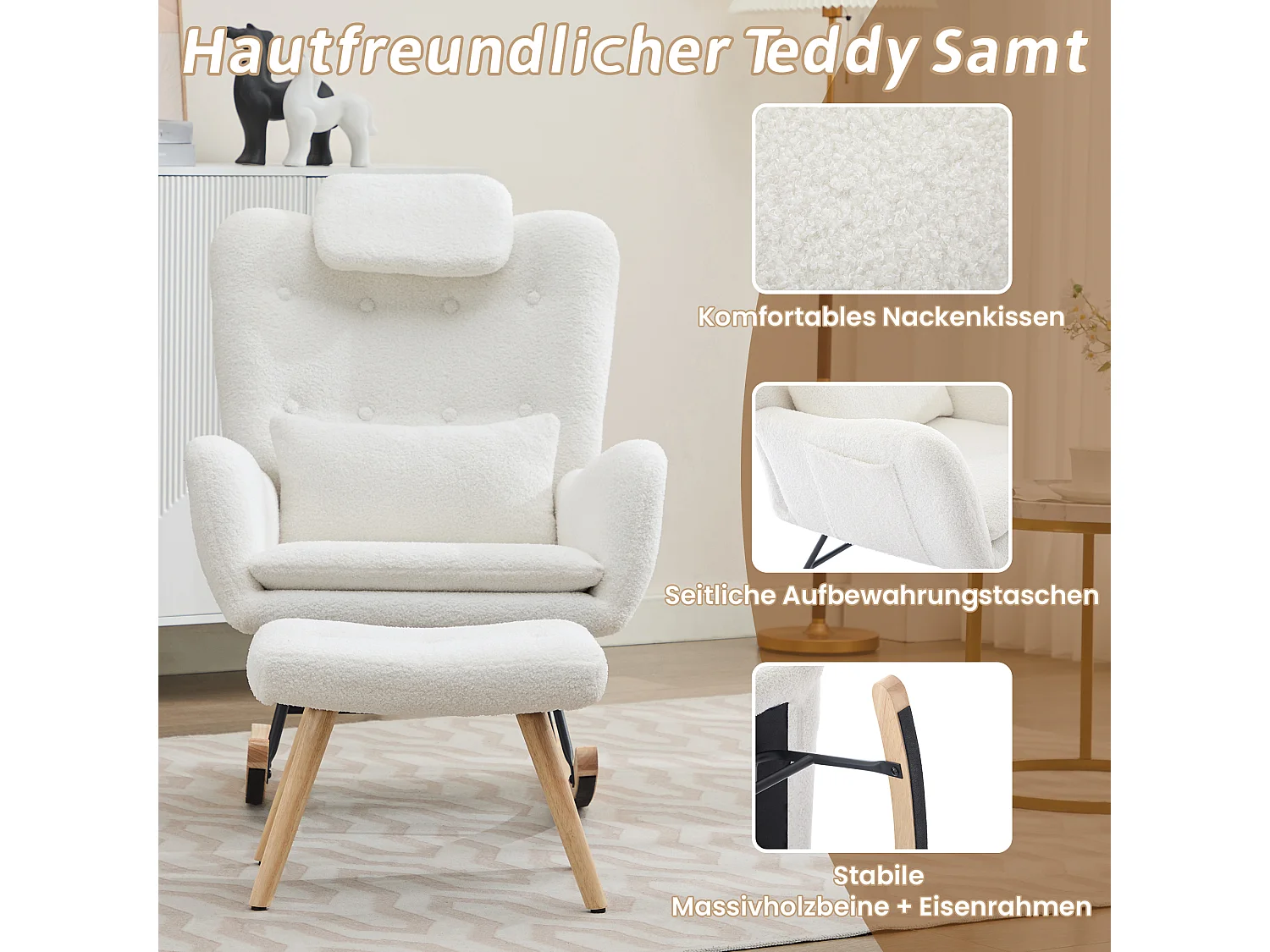 Chaise à bascule avec repose-pièds - 73 x 92 x 102 cm - Accoudoirs et appuie-tête - Tissu velours teddy - Blanc