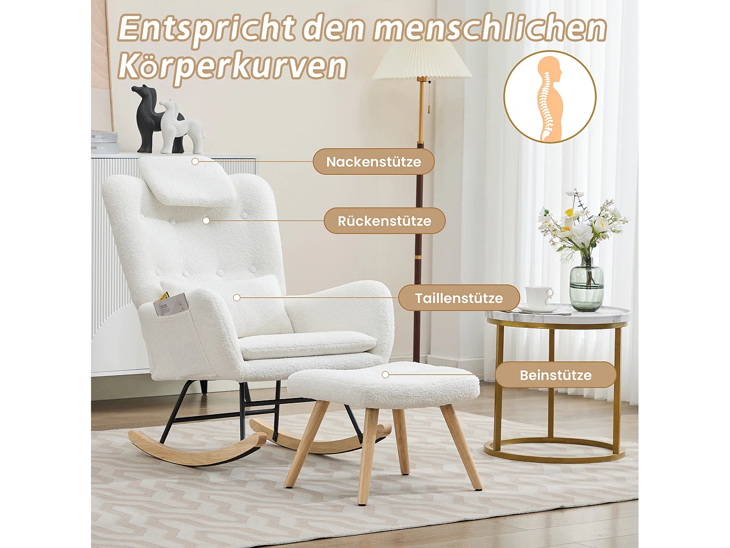 Chaise à bascule avec repose-pièds - 73 x 92 x 102 cm - Accoudoirs et appuie-tête - Tissu velours teddy - Blanc