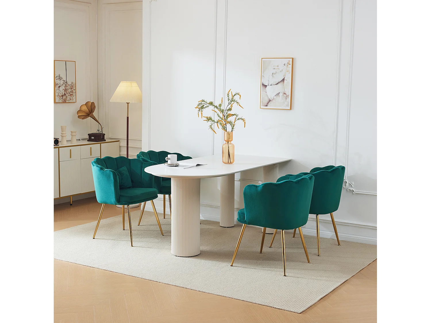 Lot de 4 chaises en velours - 63 x 58 x 77 cm - Pieds en métal plaqué et coussins papillon - Vert