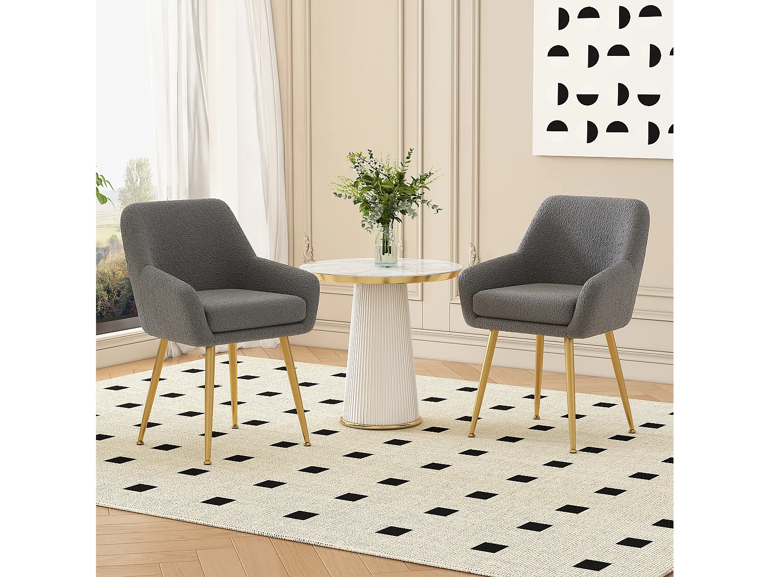 Lot de 2 chaises de salle à manger en peluche avec accoudoirs - 55 x 59.5 x 81 cm - pieds en métal et coussins amovibles - Gris