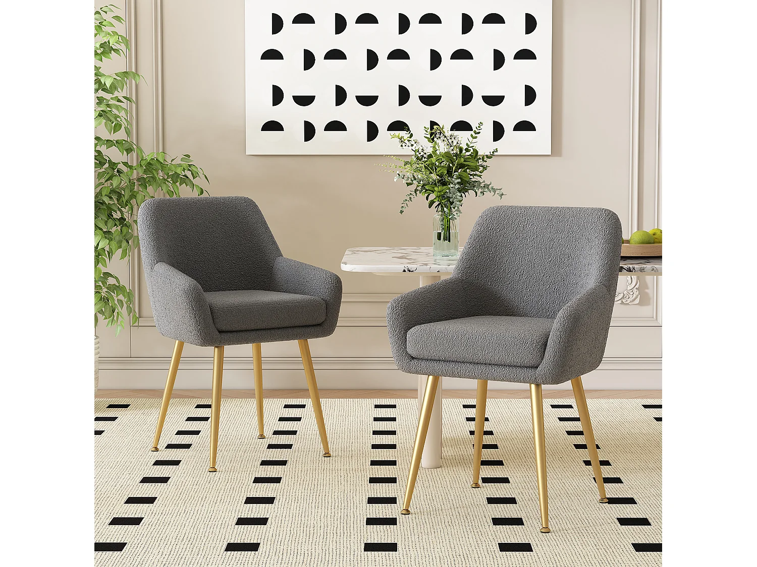 Lot de 2 chaises de salle à manger en peluche avec accoudoirs - 55 x 59.5 x 81 cm - pieds en métal et coussins amovibles - Gris