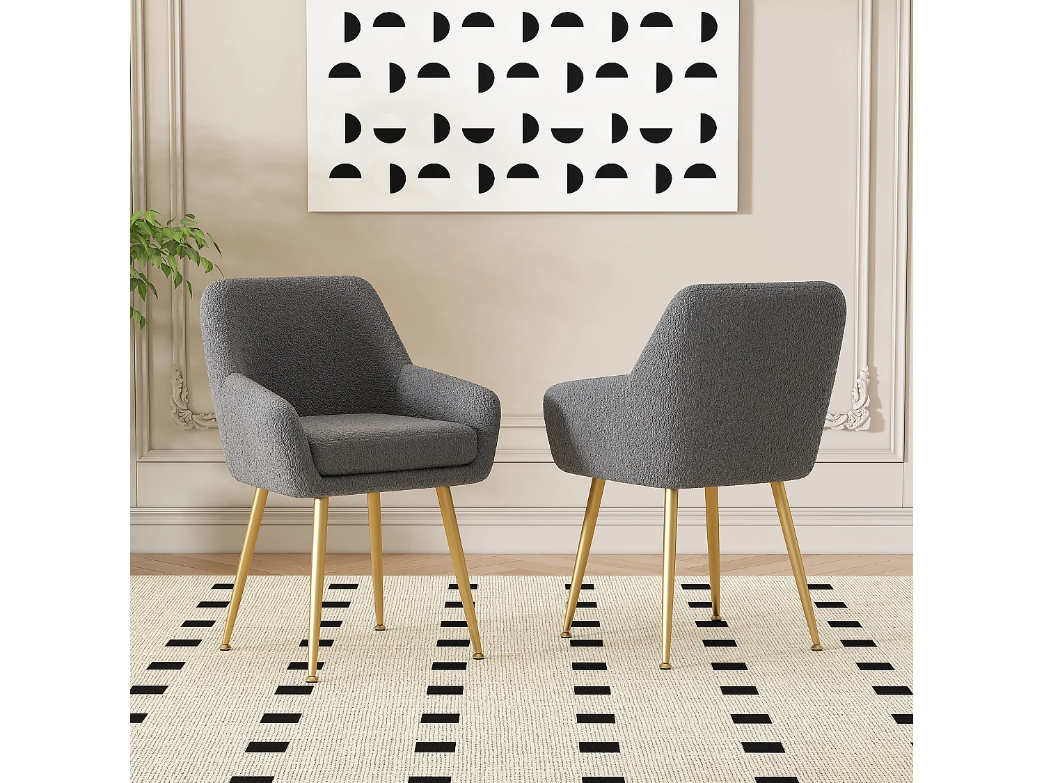 Lot de 2 chaises de salle à manger en peluche avec accoudoirs - 55 x 59.5 x 81 cm - pieds en métal et coussins amovibles - Gris