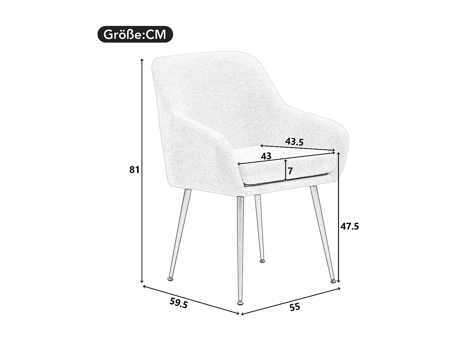 Lot de 2 chaises de salle à manger en peluche avec accoudoirs - 55 x 59.5 x 81 cm - pieds en métal et coussins amovibles - Gris