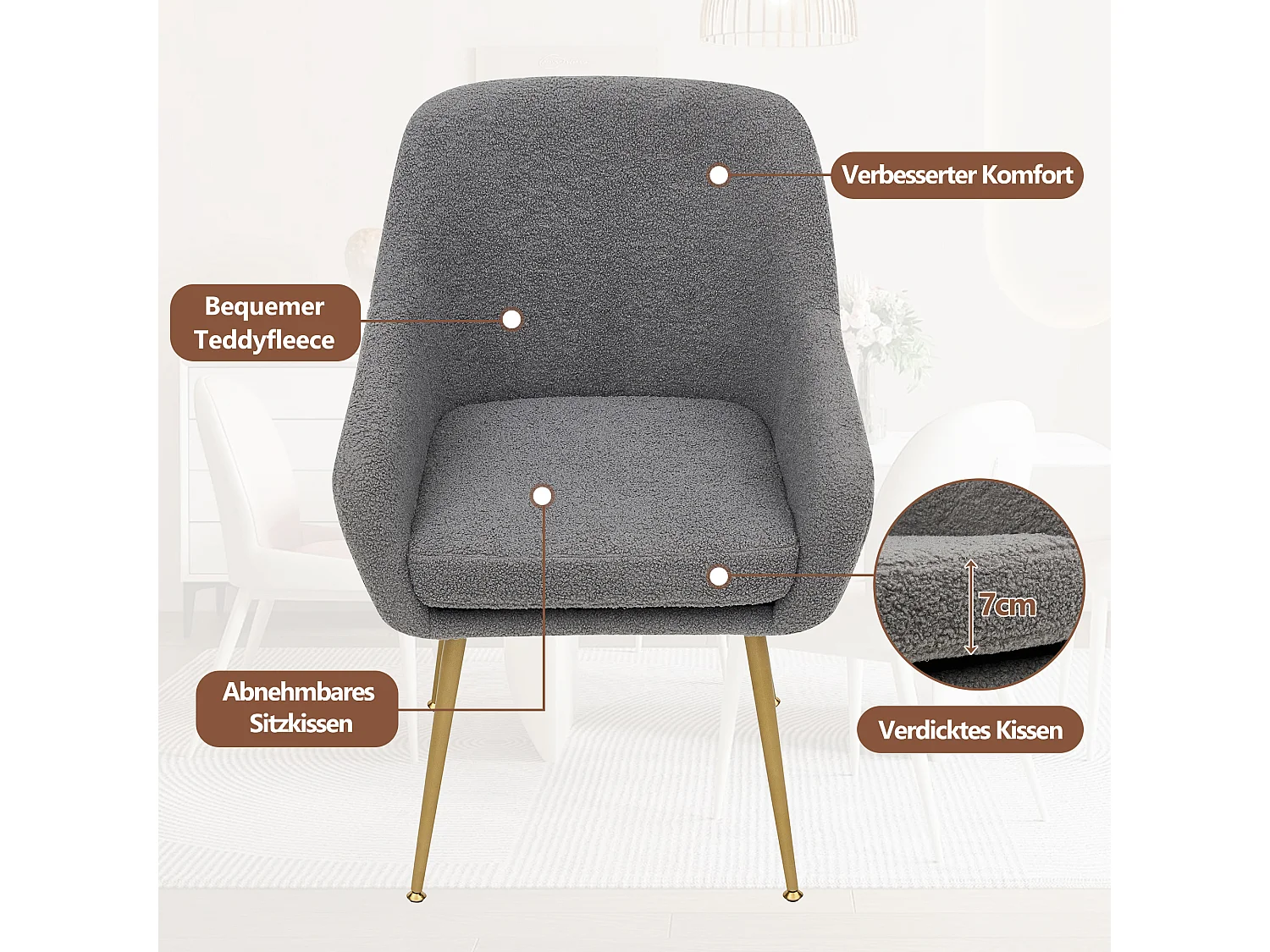 Lot de 2 chaises de salle à manger en peluche avec accoudoirs - 55 x 59.5 x 81 cm - pieds en métal et coussins amovibles - Gris