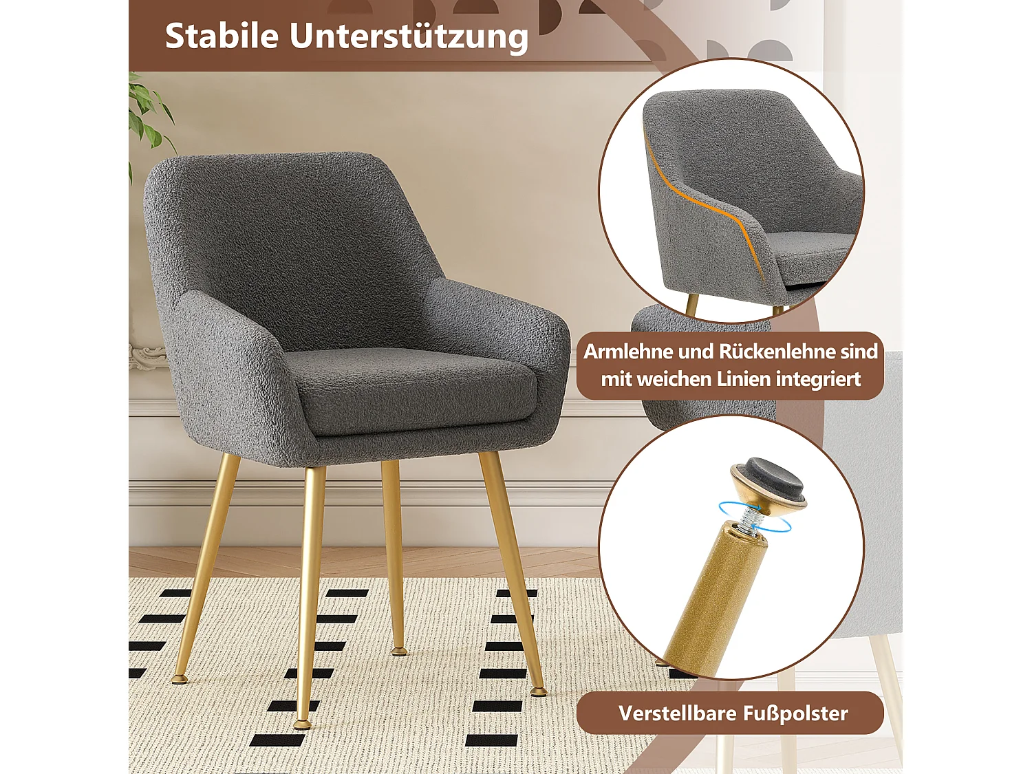 Lot de 2 chaises de salle à manger en peluche avec accoudoirs - 55 x 59.5 x 81 cm - pieds en métal et coussins amovibles - Gris