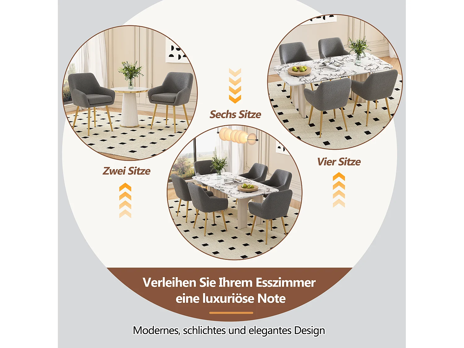 Lot de 2 chaises de salle à manger en peluche avec accoudoirs - 55 x 59.5 x 81 cm - pieds en métal et coussins amovibles - Gris