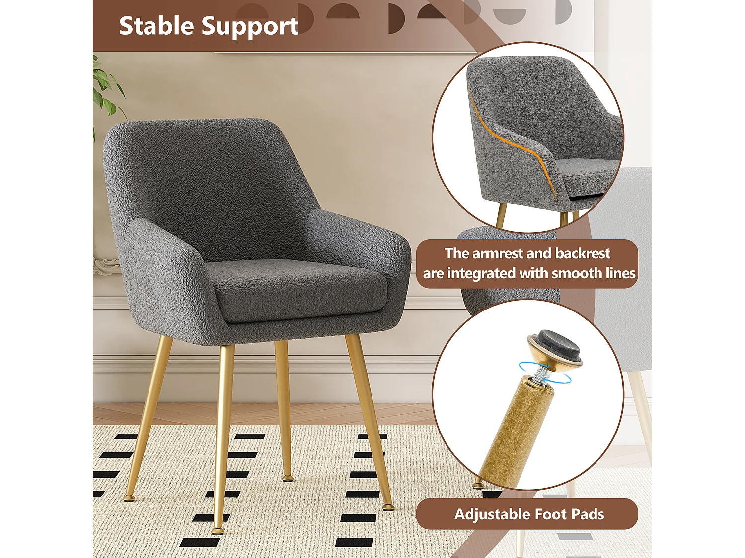 Lot de 2 chaises de salle à manger en peluche avec accoudoirs - 55 x 59.5 x 81 cm - pieds en métal et coussins amovibles - Gris