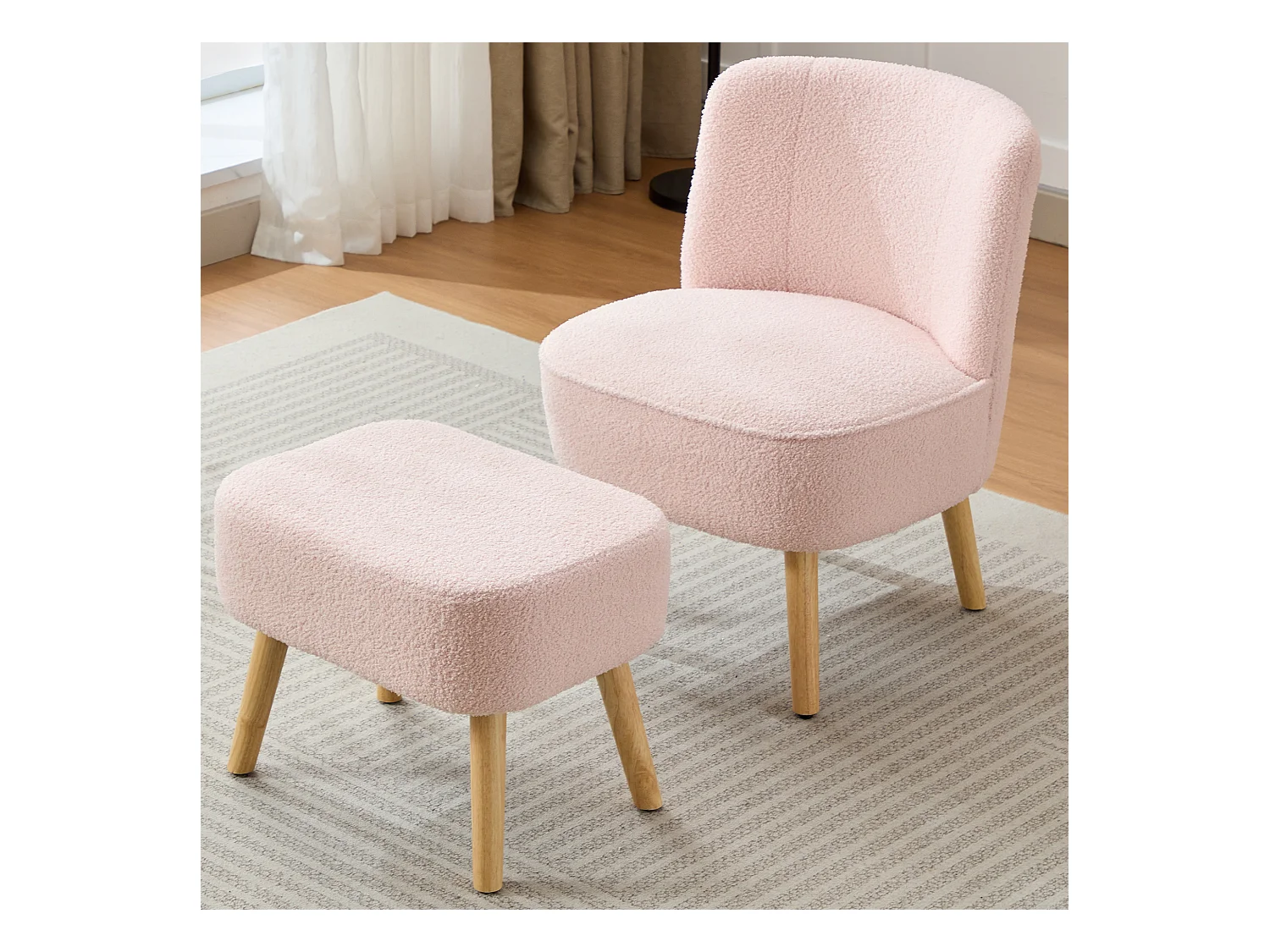 Chaise avec repose-pièd - Velours teddy et pièds en bois massif - 60 x 67 x 76 cm - Rose