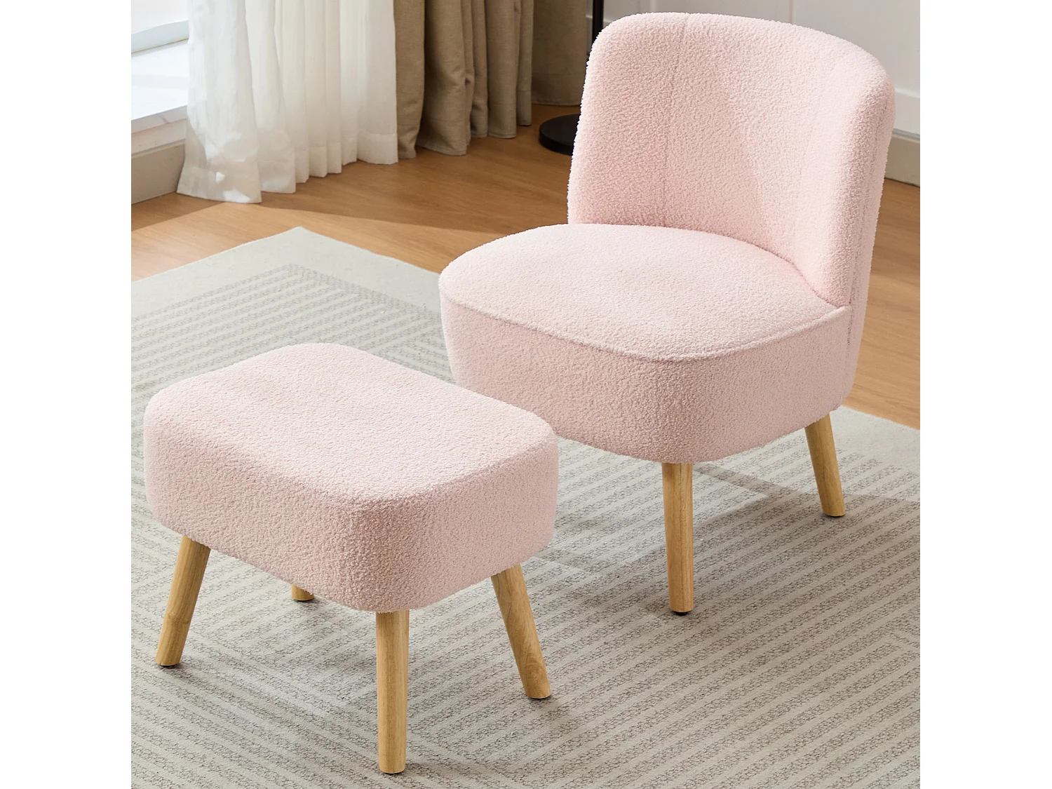 Chaise avec repose-pièd - Velours teddy et pièds en bois massif - 60 x 67 x 76 cm - Rose