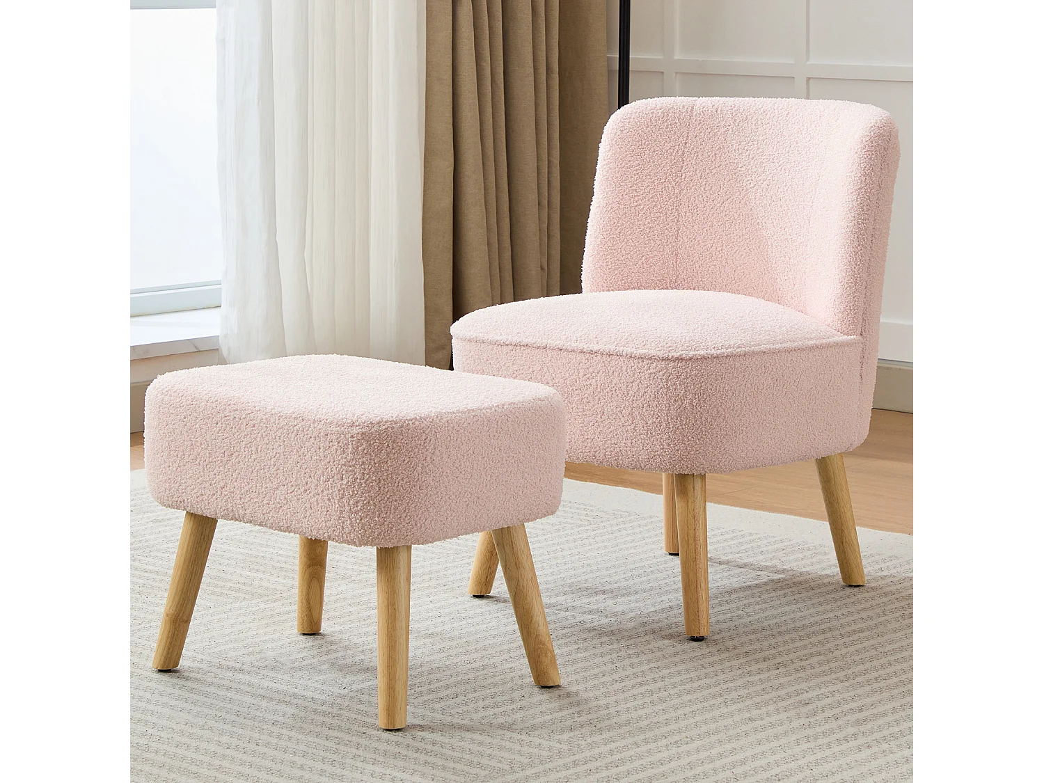 Chaise avec repose-pièd - Velours teddy et pièds en bois massif - 60 x 67 x 76 cm - Rose