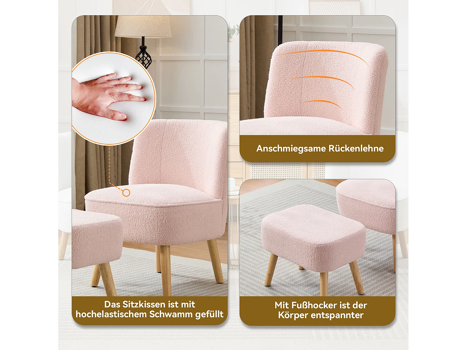 Chaise avec repose-pièd - Velours teddy et pièds en bois massif - 60 x 67 x 76 cm - Rose