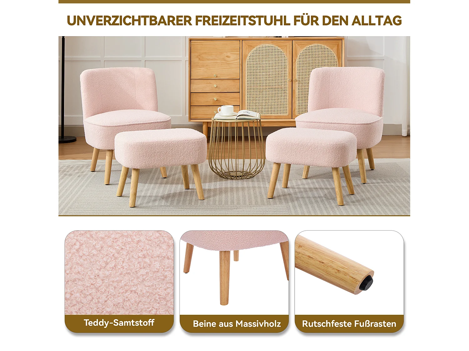 Chaise avec repose-pièd - Velours teddy et pièds en bois massif - 60 x 67 x 76 cm - Rose