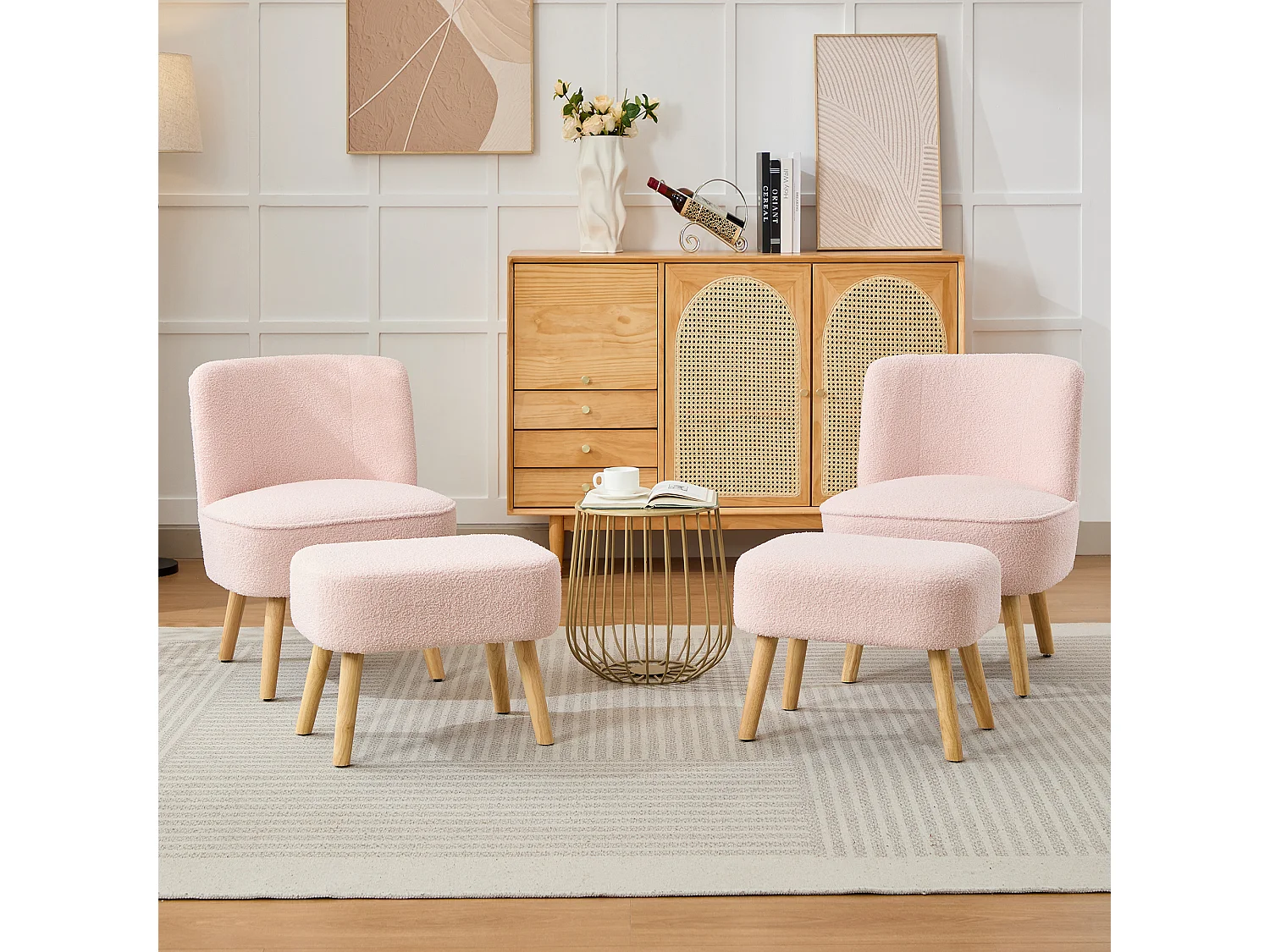 Chaise avec repose-pièd - Velours teddy et pièds en bois massif - 60 x 67 x 76 cm - Rose