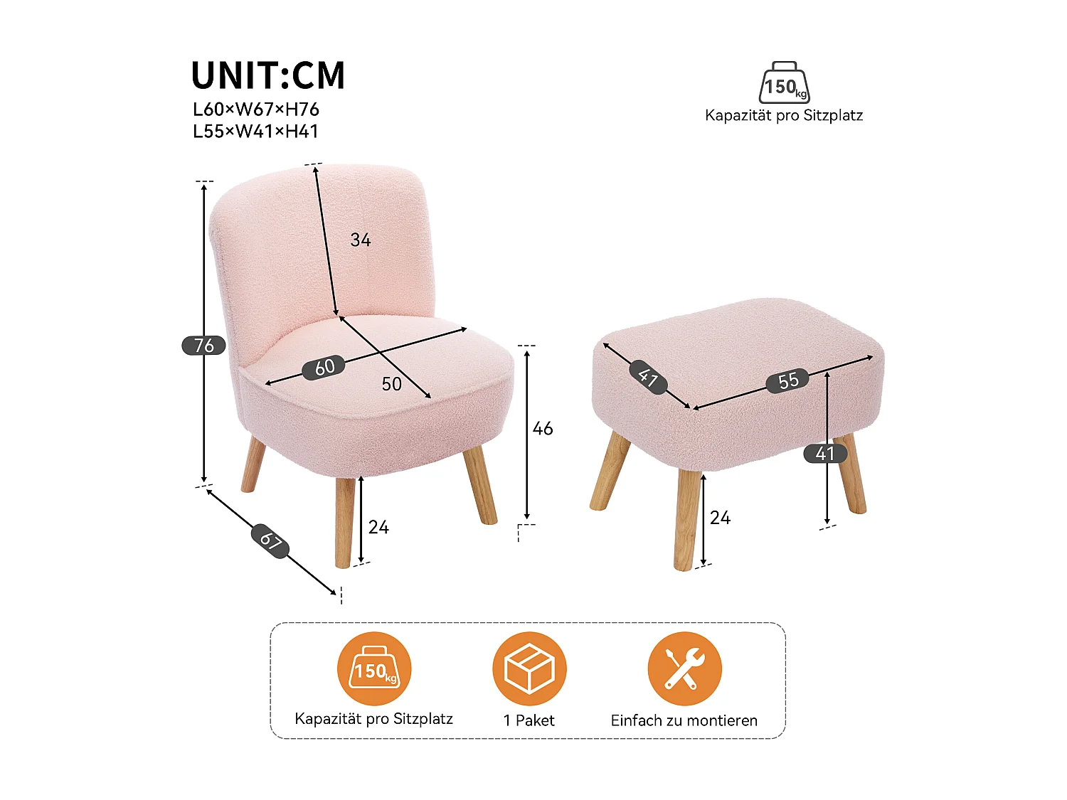 Chaise avec repose-pièd - Velours teddy et pièds en bois massif - 60 x 67 x 76 cm - Rose