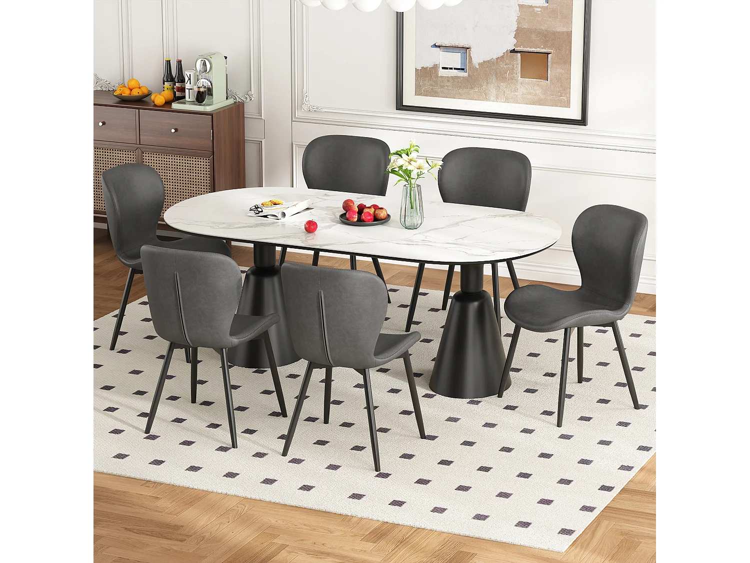 Zestaw 6 krzeseł do jadalni ze skóry PU - 48 x 57 x 80 cm - wzór pikowany i ocynkowane nogi - szary