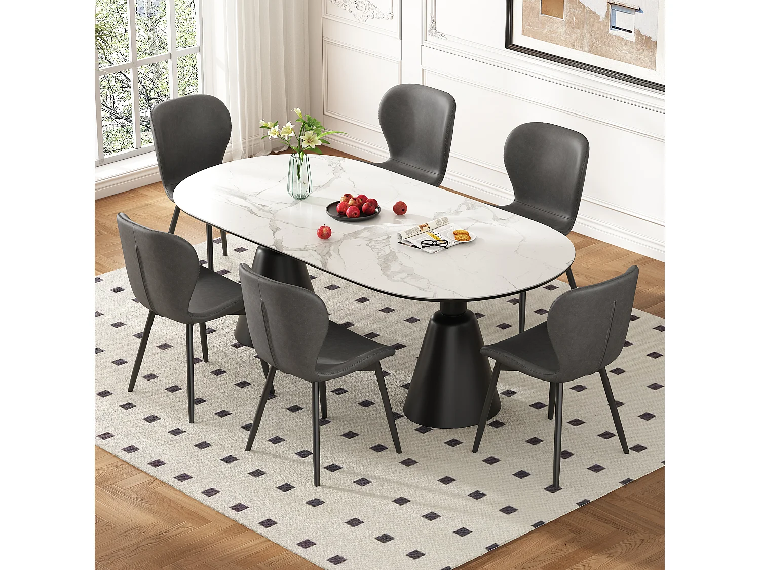 Zestaw 6 krzeseł do jadalni ze skóry PU - 48 x 57 x 80 cm - wzór pikowany i ocynkowane nogi - szary