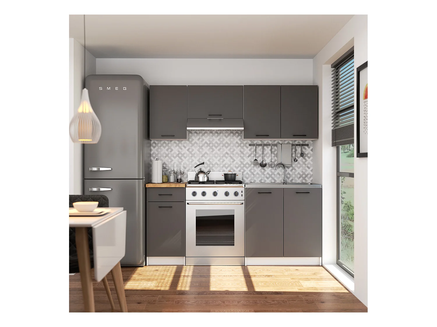 Hängeschrank Küchenschrank AKORD OLIWIA modular W80 Weiß 80 cm 2 Türen 2 Ebenen Front Graphitgrau B80 x H58 x T30 cm
