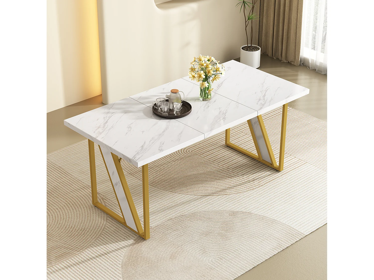 Mesa de jantar retangular para 4 a 6 pessoas - 160 x 80 x 75 cm - MDF e pés de metal - Efeito mármore - Branco + dourado