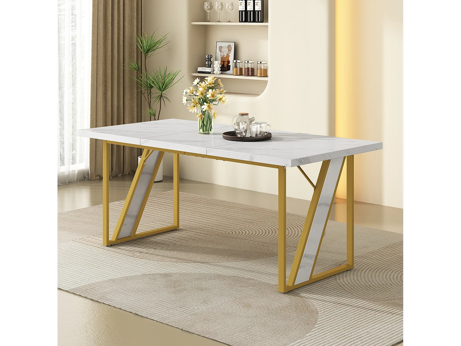 Mesa de jantar retangular para 4 a 6 pessoas - 160 x 80 x 75 cm - MDF e pés de metal - Efeito mármore - Branco + dourado