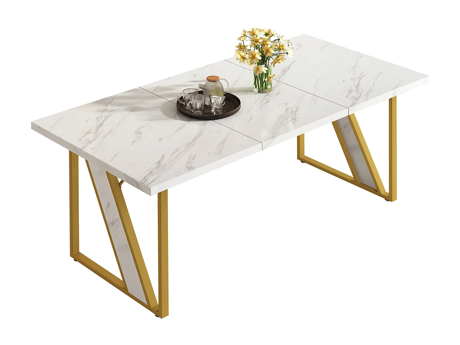 Mesa de jantar retangular para 4 a 6 pessoas - 160 x 80 x 75 cm - MDF e pés de metal - Efeito mármore - Branco + dourado