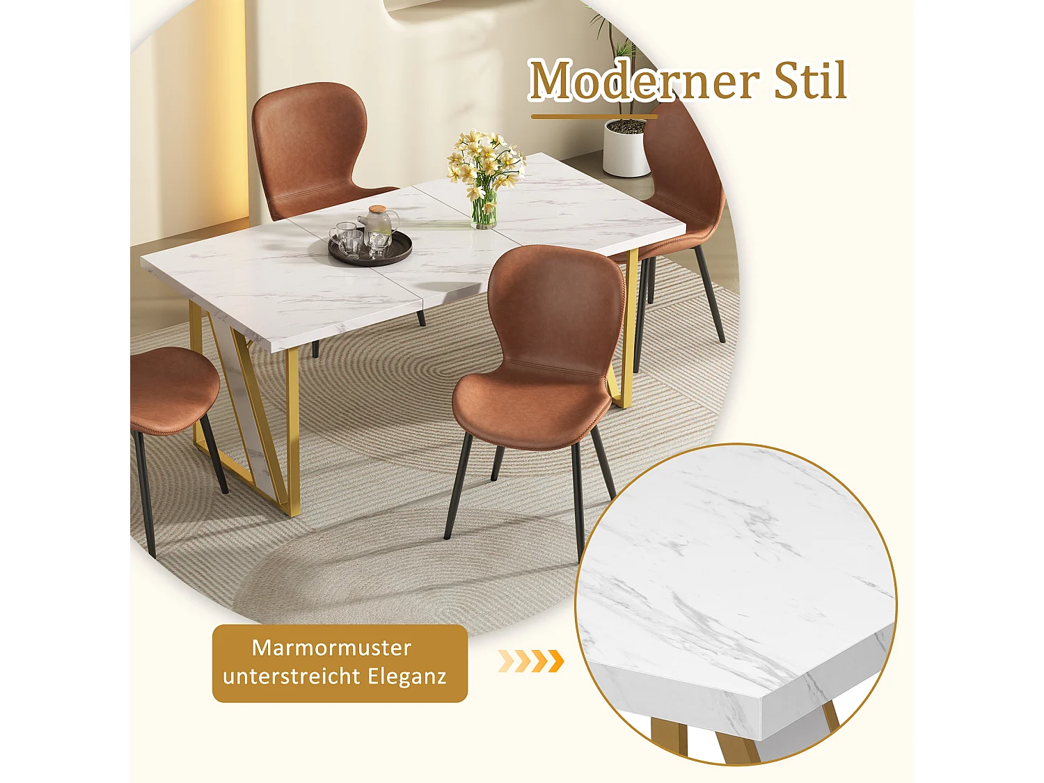 Mesa de jantar retangular para 4 a 6 pessoas - 160 x 80 x 75 cm - MDF e pés de metal - Efeito mármore - Branco + dourado