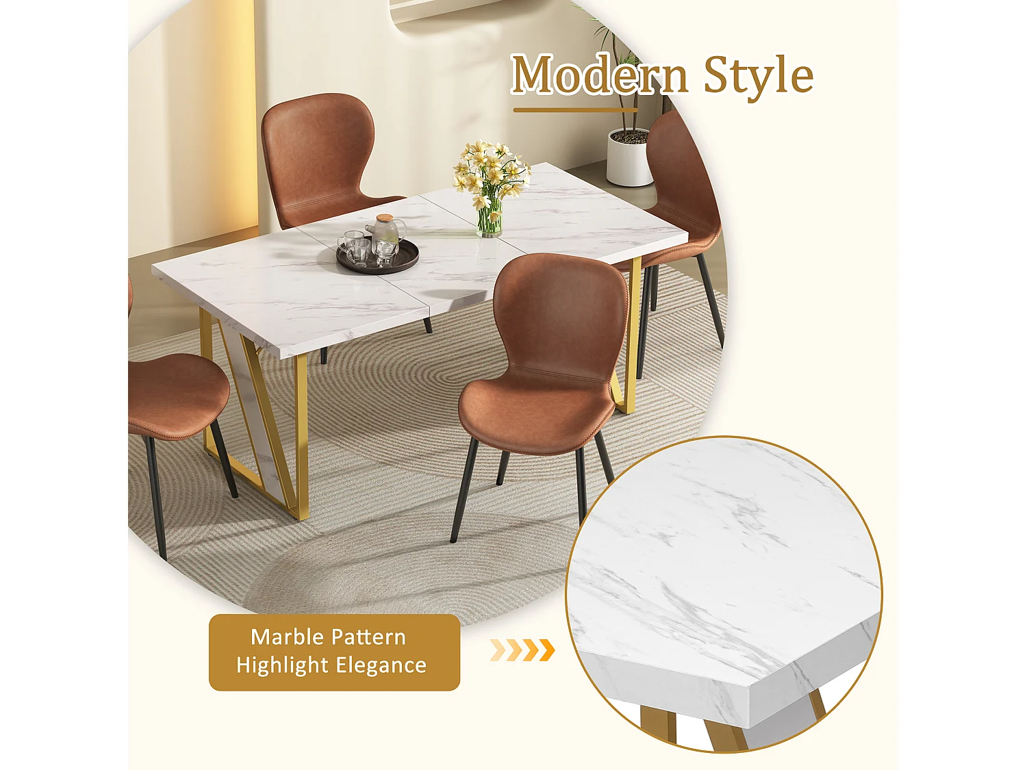 Mesa de jantar retangular para 4 a 6 pessoas - 160 x 80 x 75 cm - MDF e pés de metal - Efeito mármore - Branco + dourado