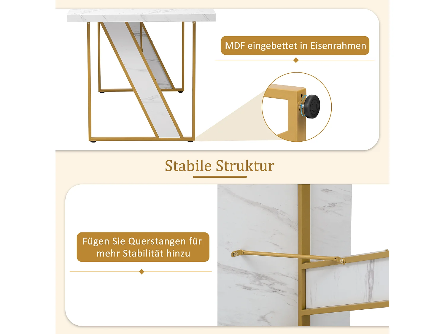 Mesa de jantar retangular para 4 a 6 pessoas - 160 x 80 x 75 cm - MDF e pés de metal - Efeito mármore - Branco + dourado