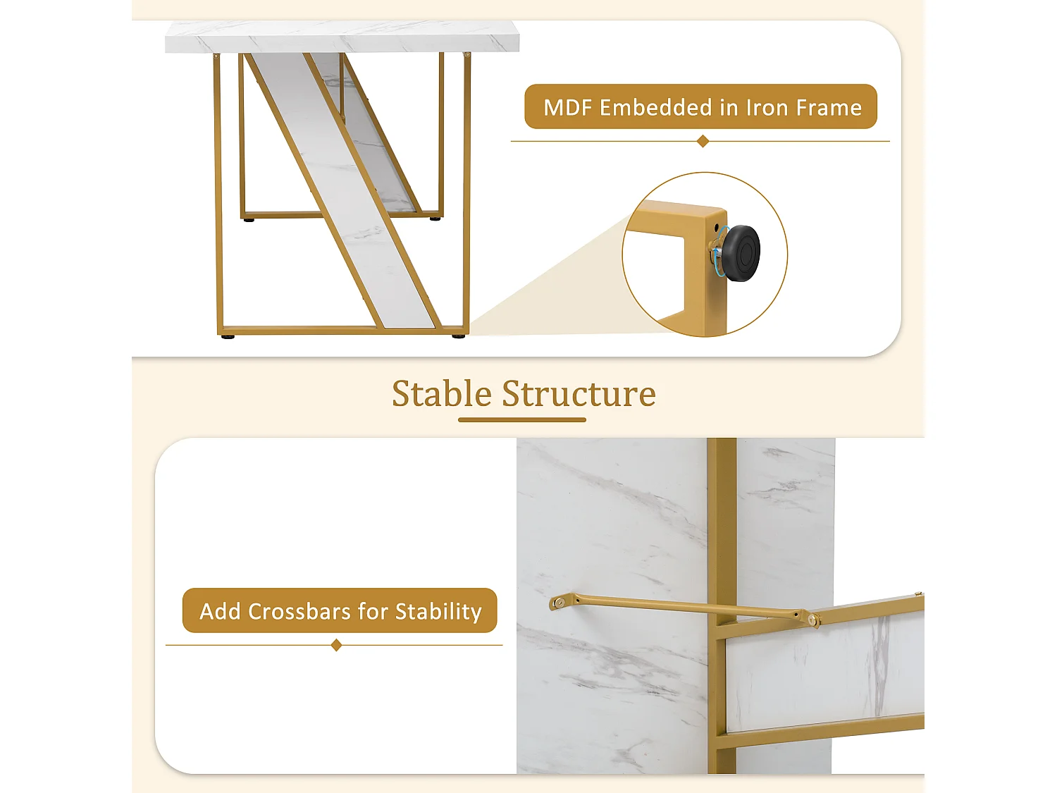 Mesa de jantar retangular para 4 a 6 pessoas - 160 x 80 x 75 cm - MDF e pés de metal - Efeito mármore - Branco + dourado