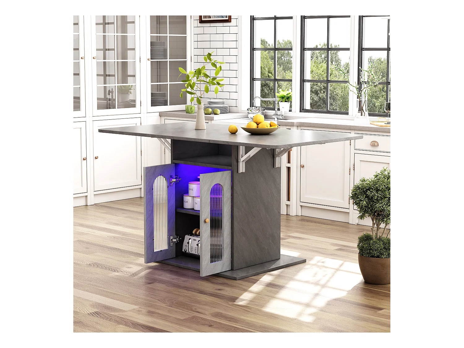 Opvouwbare eettafel met 2 deuren en 1 nis - 50/140 x 78 x 75,6 cm - LED's - MDF-hout - Grijs