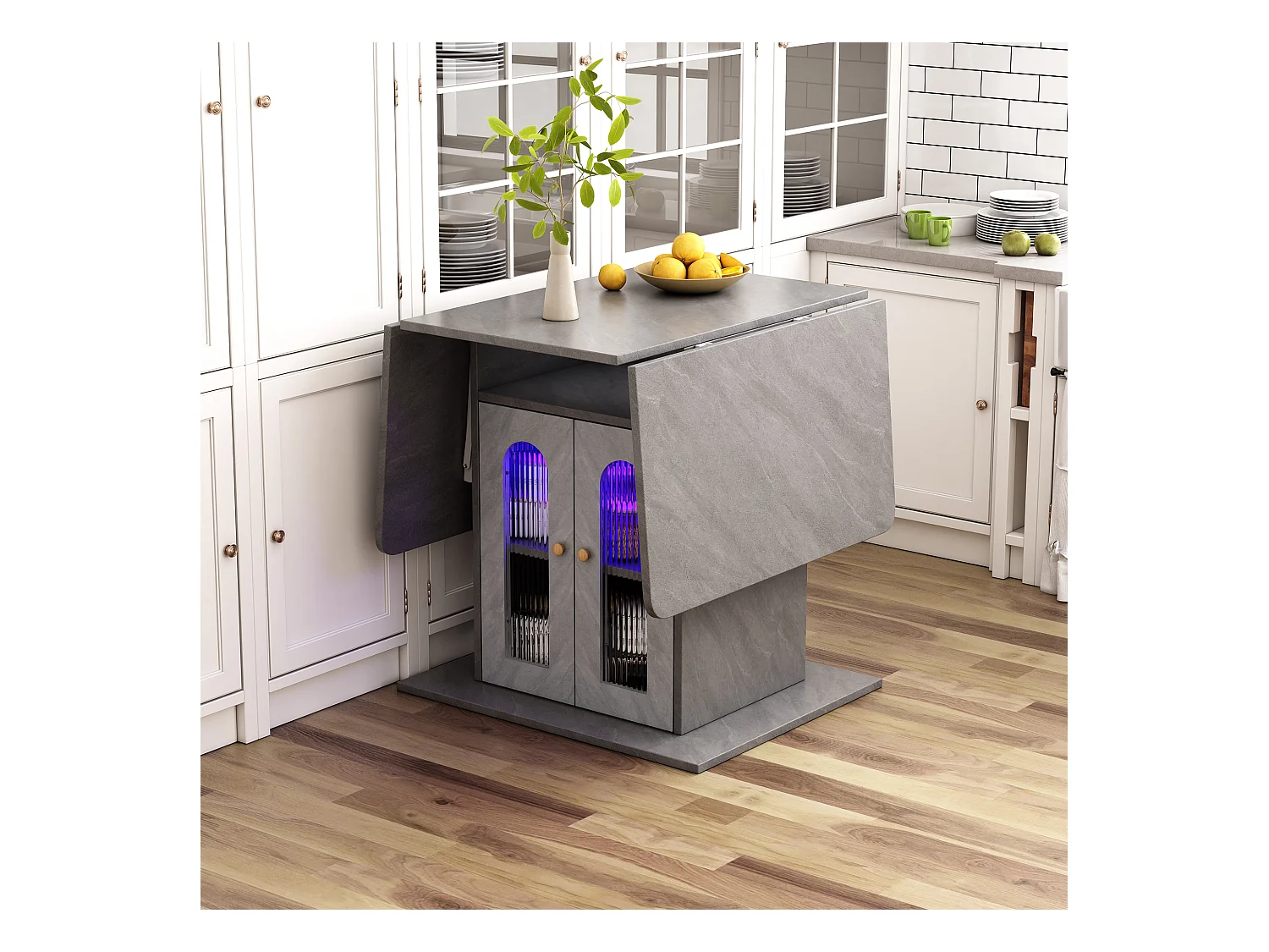 Opvouwbare eettafel met 2 deuren en 1 nis - 50/140 x 78 x 75,6 cm - LED's - MDF-hout - Grijs