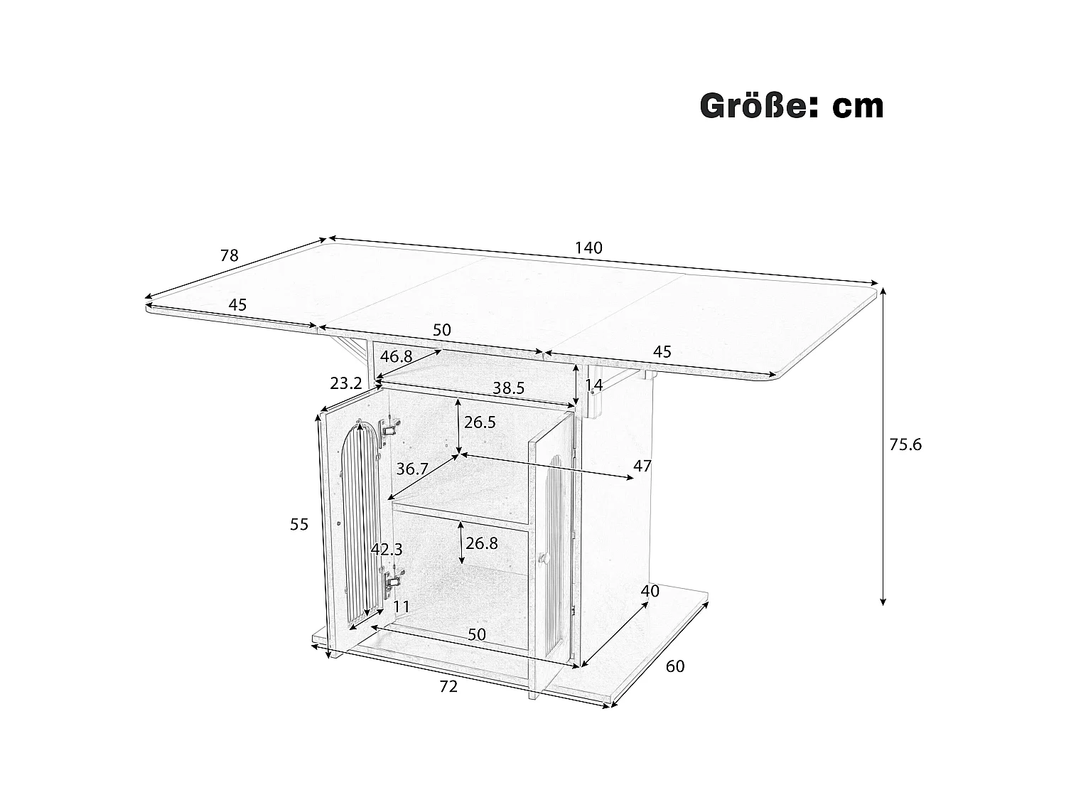 Opvouwbare eettafel met 2 deuren en 1 nis - 50/140 x 78 x 75,6 cm - LED's - MDF-hout - Grijs