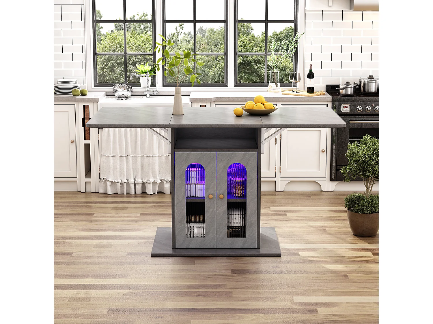 Table à manger pliable avec 2 portes et 1 niche - 50/140 x 78 x 75.6 cm - LEDs - Bois MDF - Gris