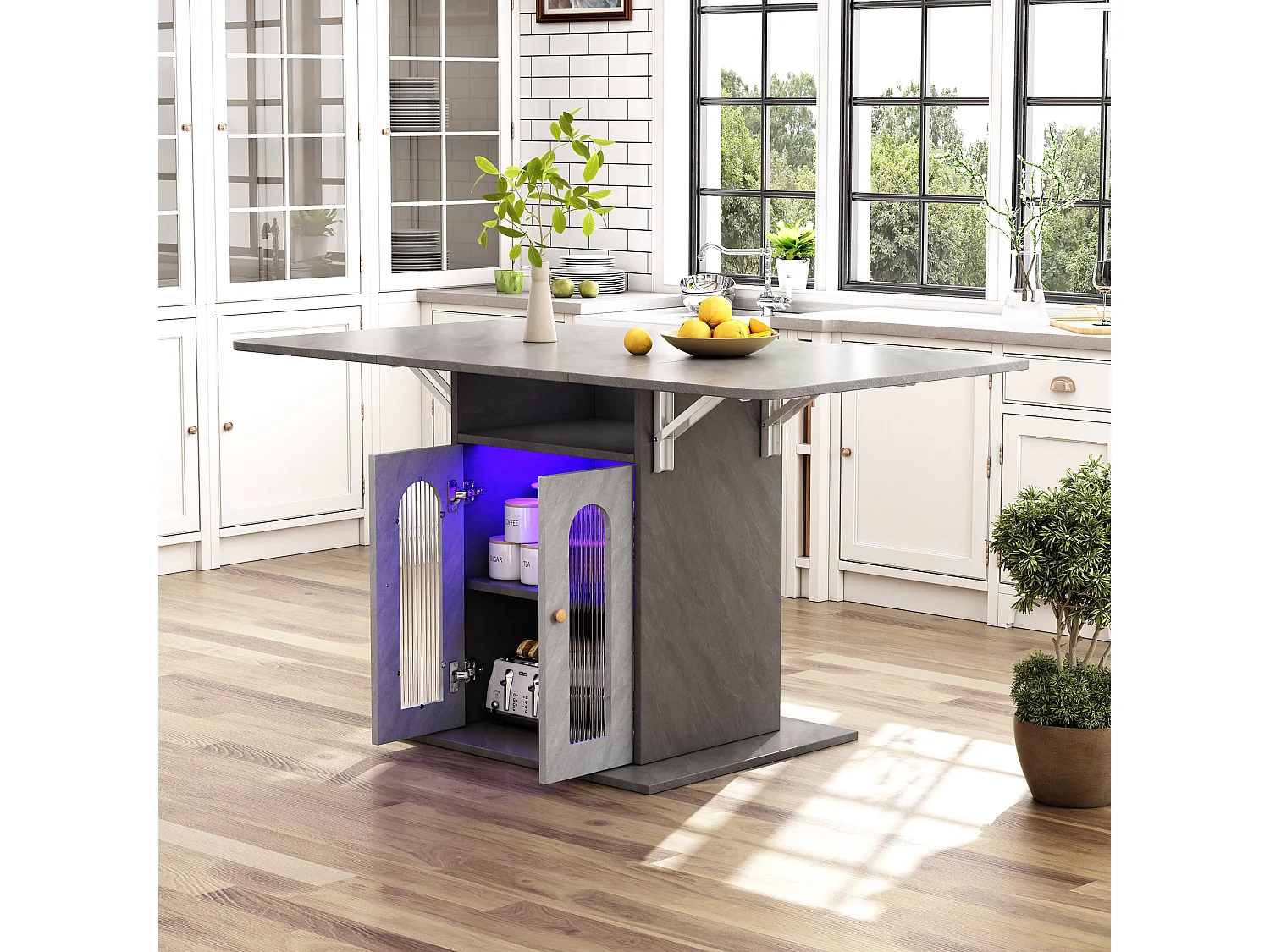 Table à manger pliable avec 2 portes et 1 niche - 50/140 x 78 x 75.6 cm - LEDs - Bois MDF - Gris