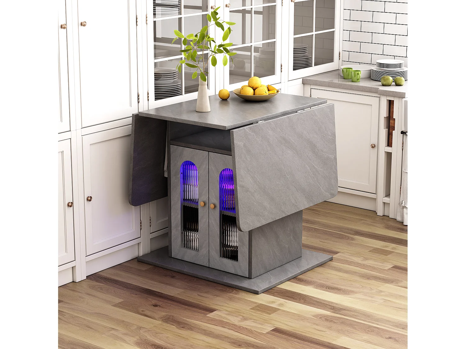 Table à manger pliable avec 2 portes et 1 niche - 50/140 x 78 x 75.6 cm - LEDs - Bois MDF - Gris