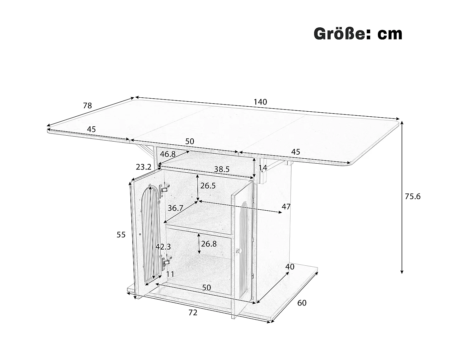 Table à manger pliable avec 2 portes et 1 niche - 50/140 x 78 x 75.6 cm - LEDs - Bois MDF - Gris