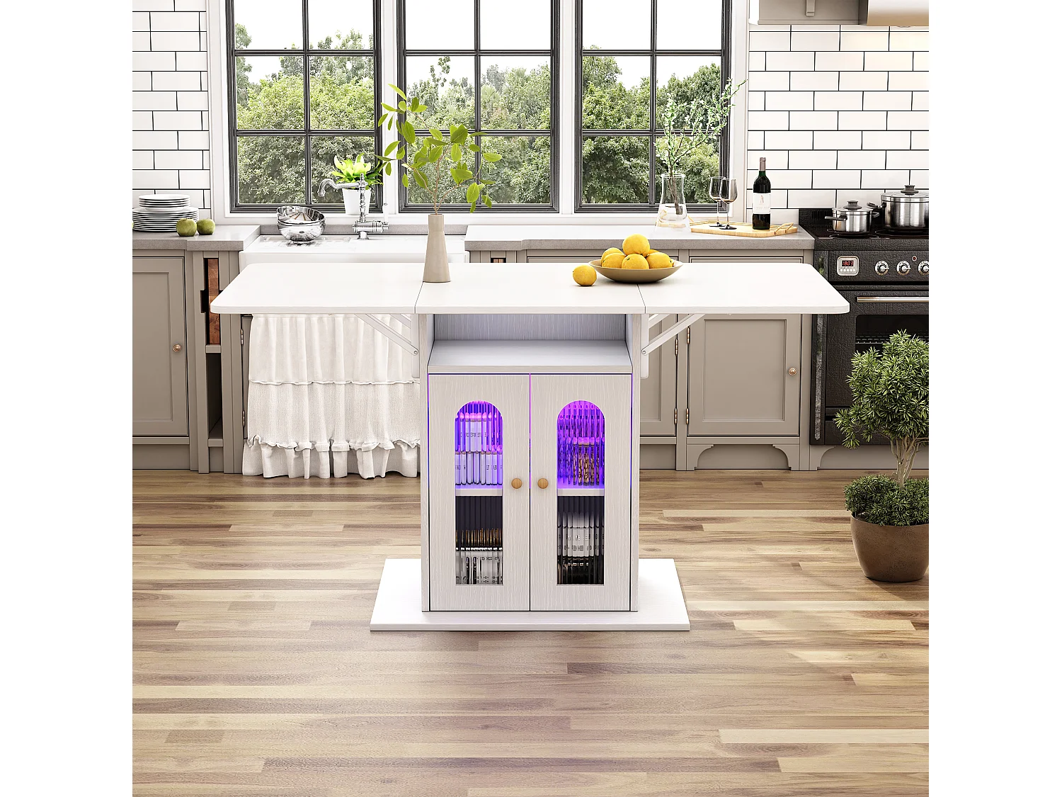 Klappbarer Esstisch mit 2 Türen und 1 Nische - 50/140 x 78 x 75,6 cm - LEDs - MDF-Holz - Weiß