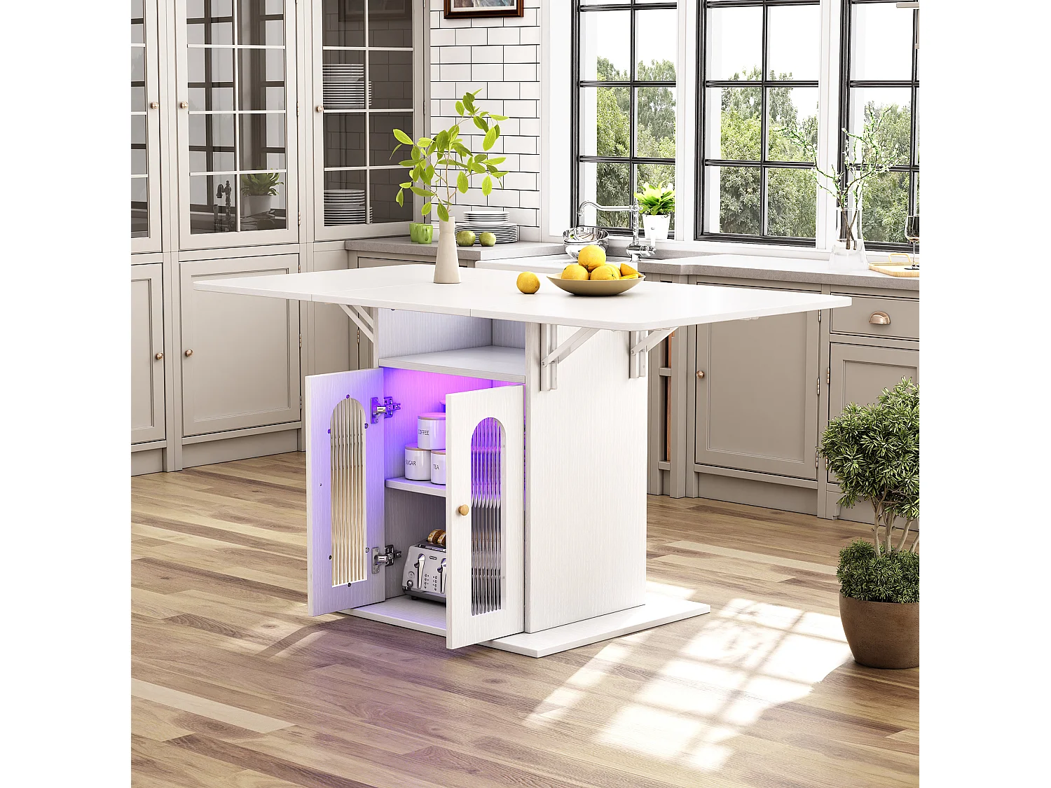 Klappbarer Esstisch mit 2 Türen und 1 Nische - 50/140 x 78 x 75,6 cm - LEDs - MDF-Holz - Weiß