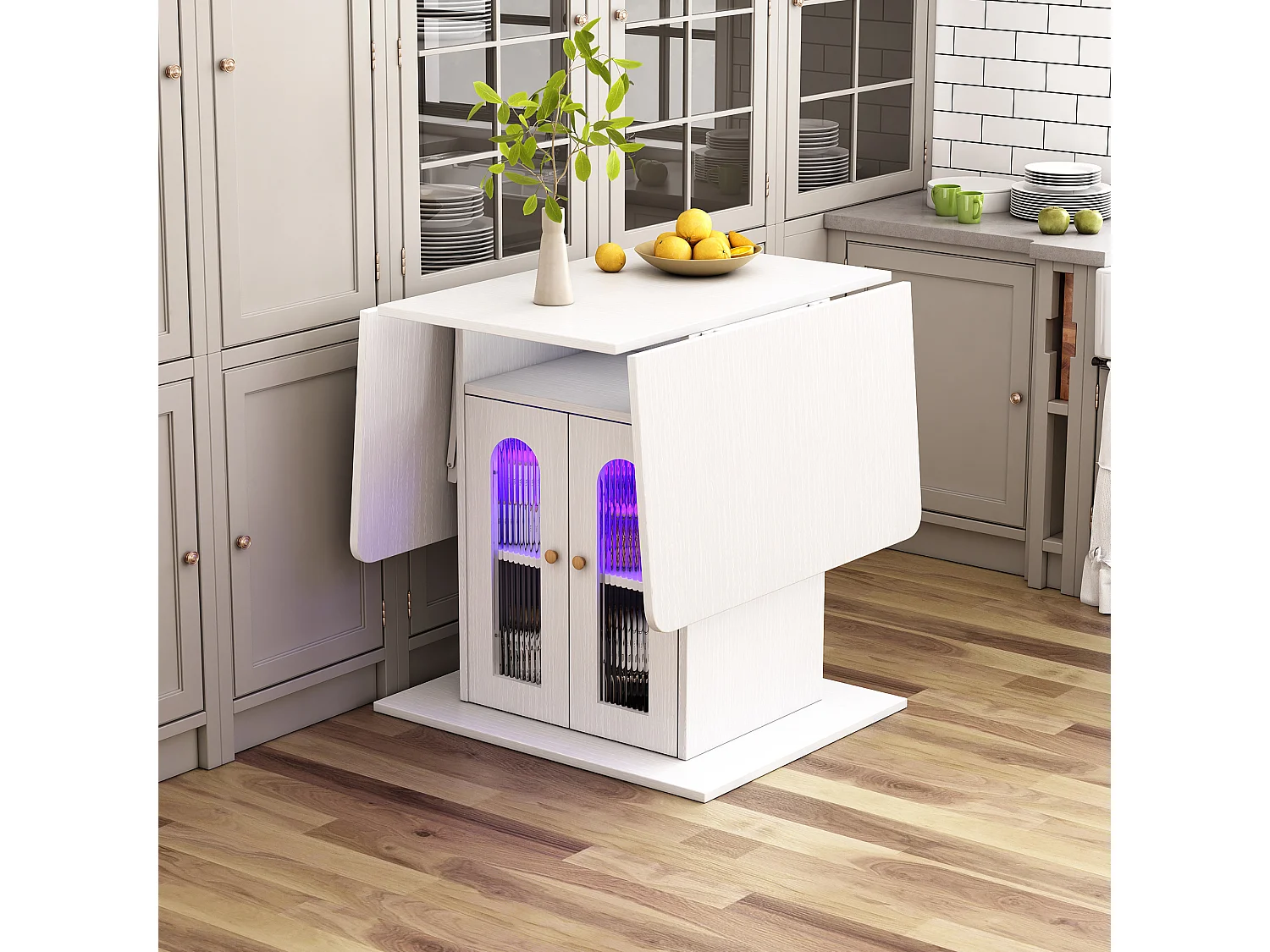 Klappbarer Esstisch mit 2 Türen und 1 Nische - 50/140 x 78 x 75,6 cm - LEDs - MDF-Holz - Weiß