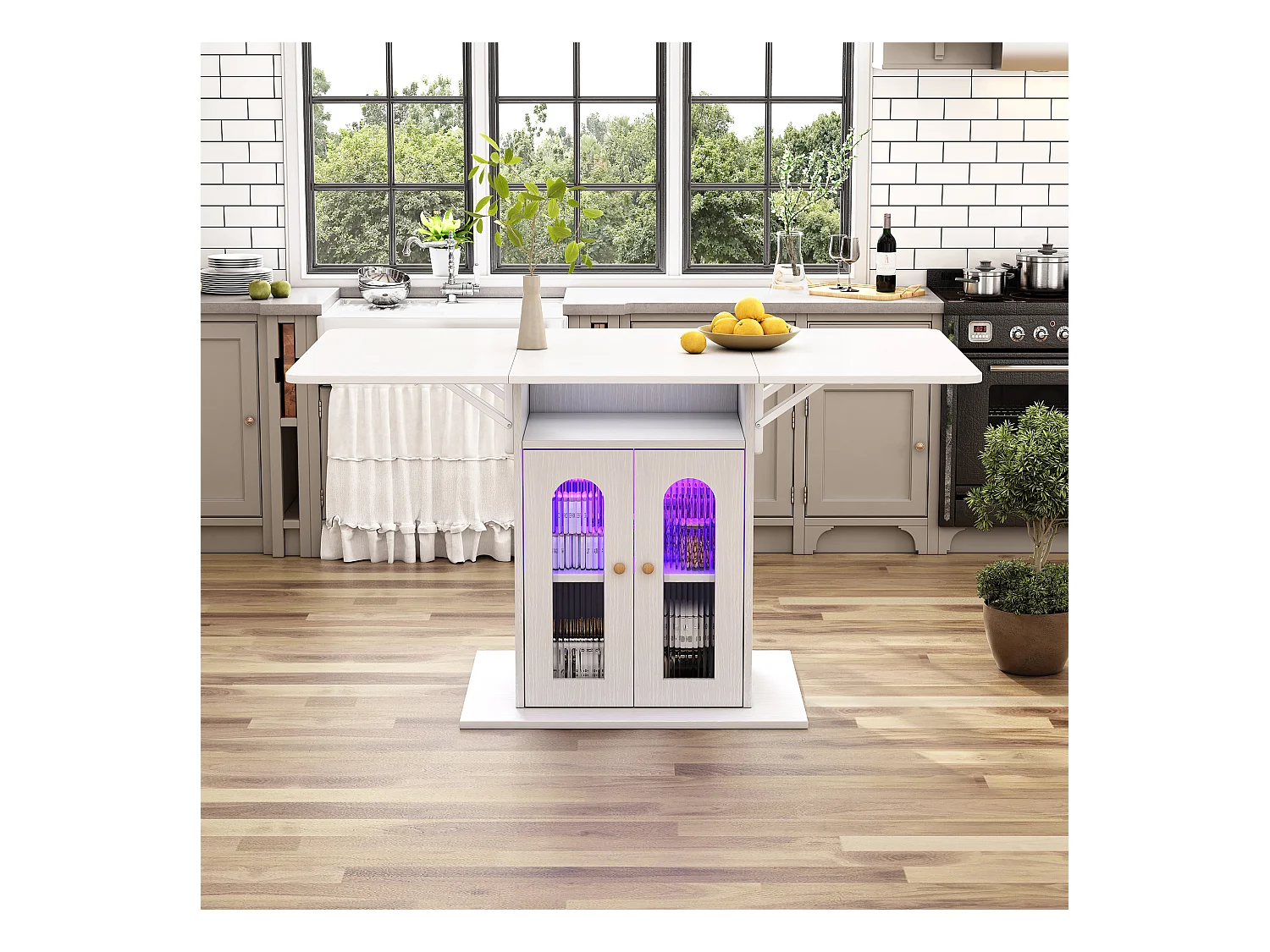 Opvouwbare eettafel met 2 deuren en 1 nis - 50/140 x 78 x 75,6 cm - LED's - MDF-hout - Wit