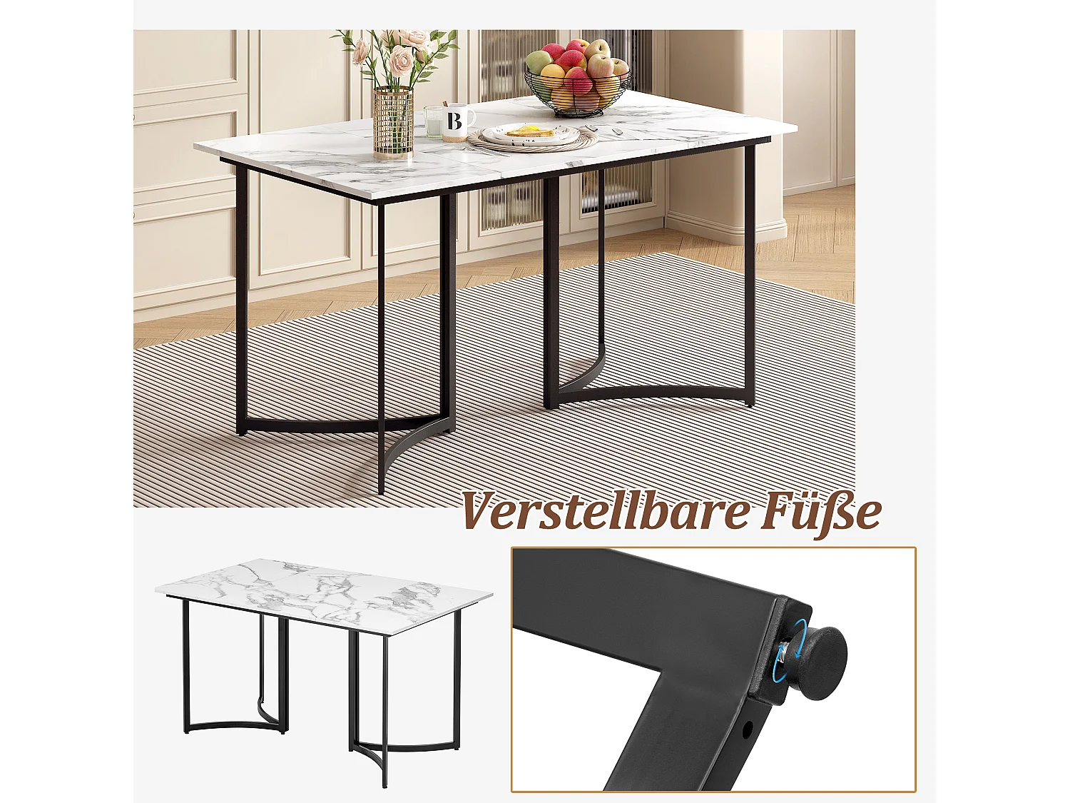 Tavolo da pranzo rettangolare per 4/6 persone - 140 x 80 x 75,5 cm - Gambe in MDF e metallo - Effetto marmo - Bianco