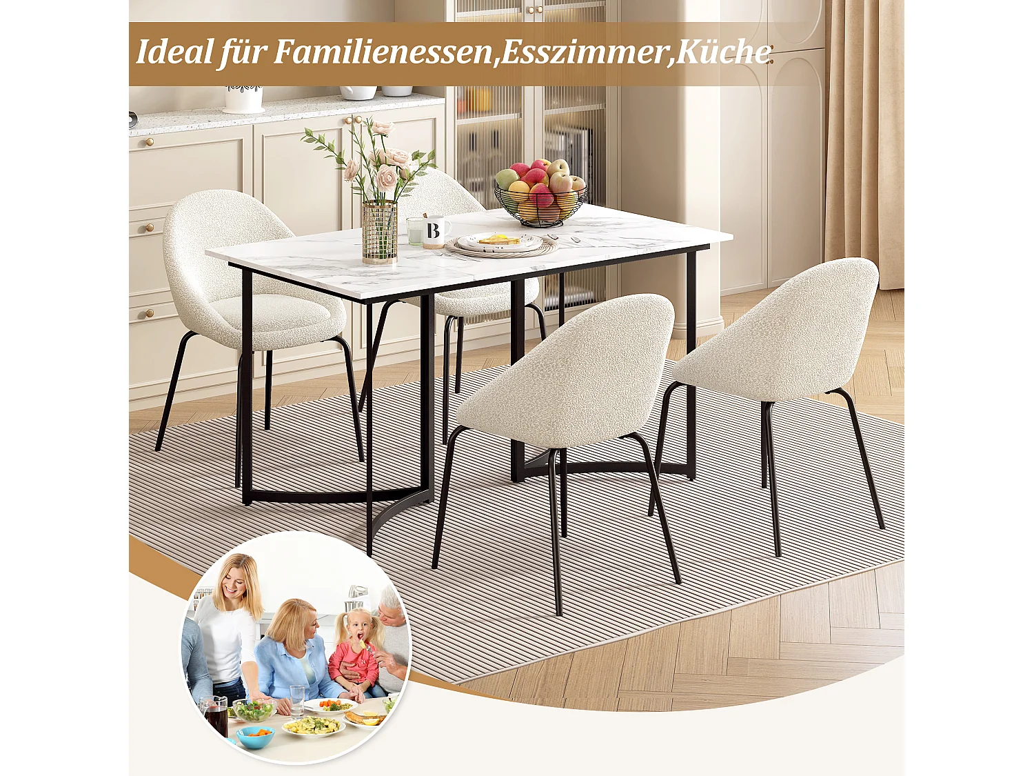 Tavolo da pranzo rettangolare per 4/6 persone - 140 x 80 x 75,5 cm - Gambe in MDF e metallo - Effetto marmo - Bianco