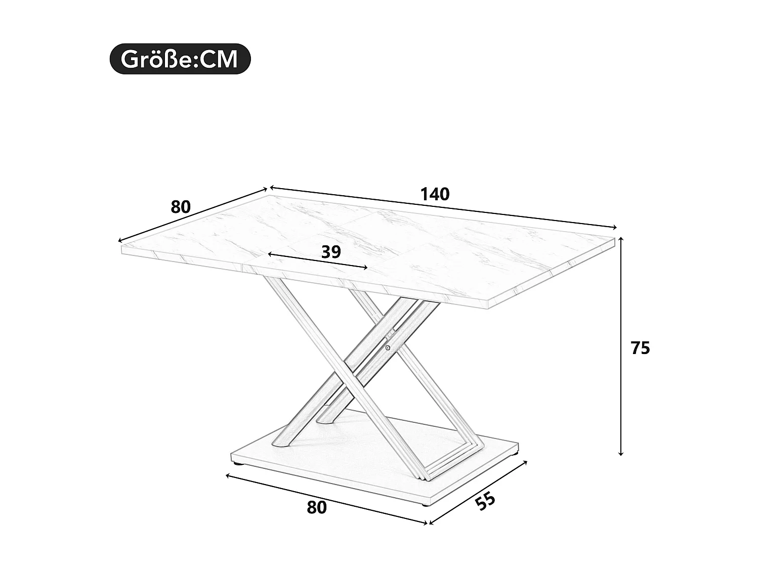 Mesa de jantar retangular para 4 a 6 pessoas - 140 x 80 x 75 cm - MDF e pés de metal dourado - Efeito mármore - Branco + dourado