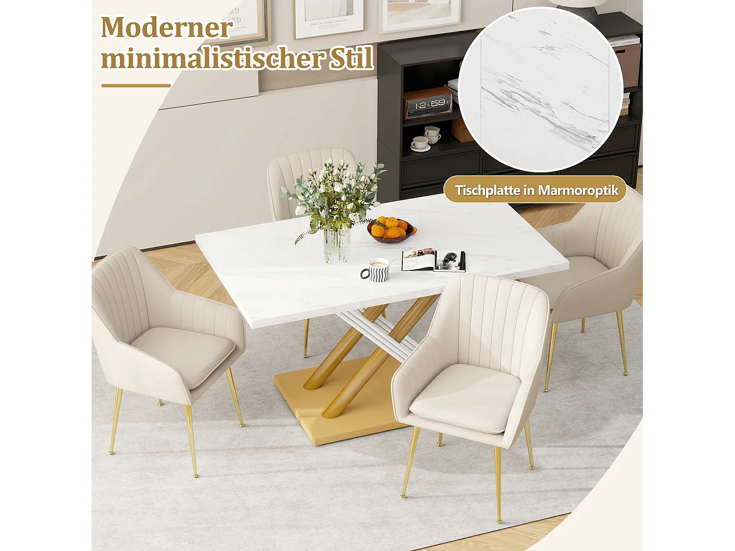 Mesa de jantar retangular para 4 a 6 pessoas - 140 x 80 x 75 cm - MDF e pés de metal dourado - Efeito mármore - Branco + dourado