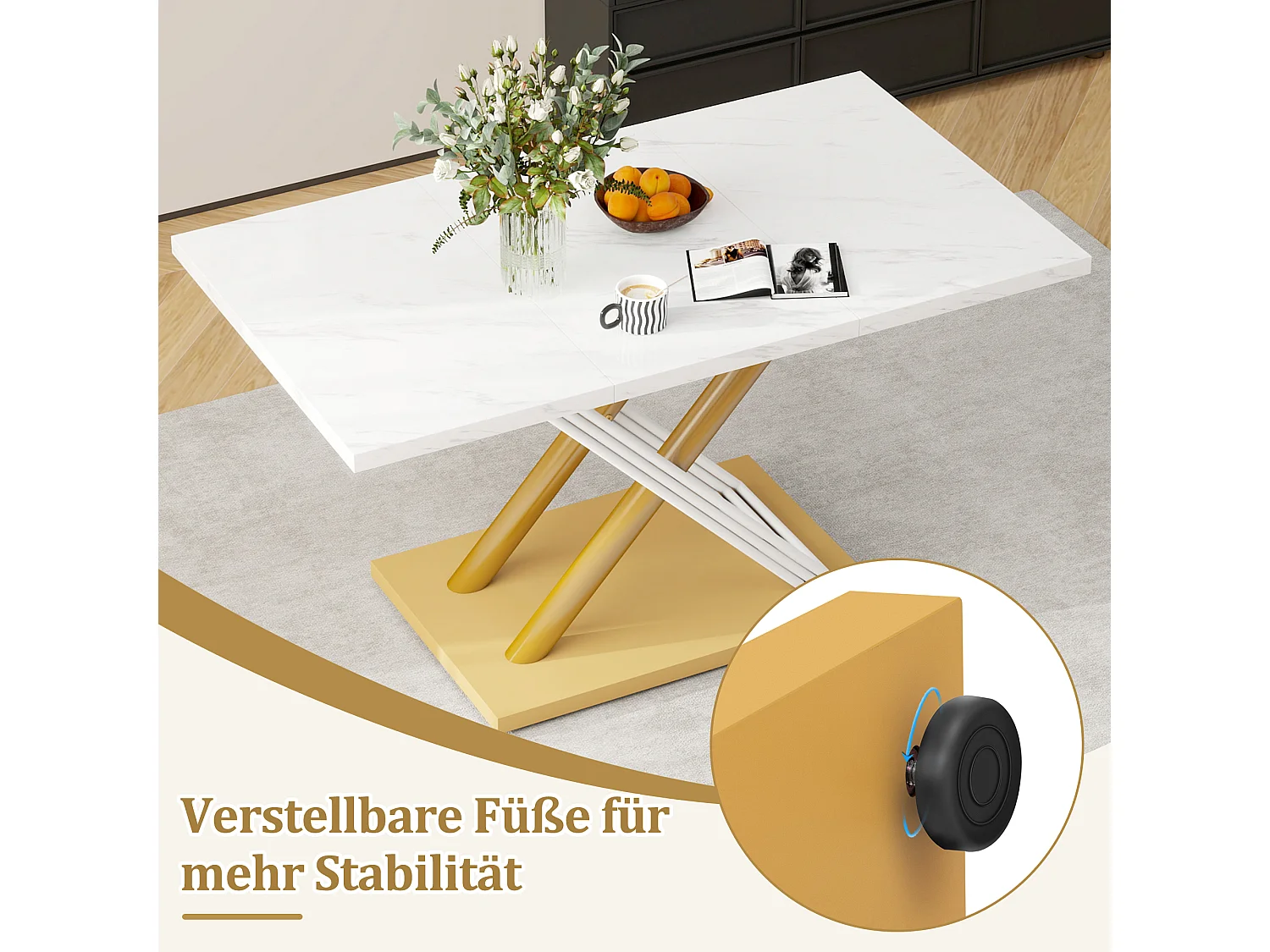 Mesa de jantar retangular para 4 a 6 pessoas - 140 x 80 x 75 cm - MDF e pés de metal dourado - Efeito mármore - Branco + dourado